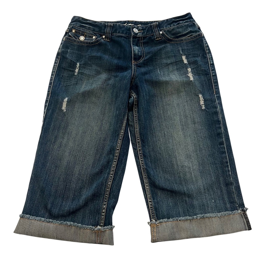 INC Denim Womens Dark Wash Distressed Bermuda Shorts Cuffed Raw Hem 32 waist